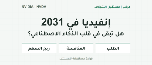 إنفيديا في 2031: هل تبقى في قلب الذكاء الاصطناعي؟ الطلب والمنافسة وربح السهم؛ غلاف مقال مركب.